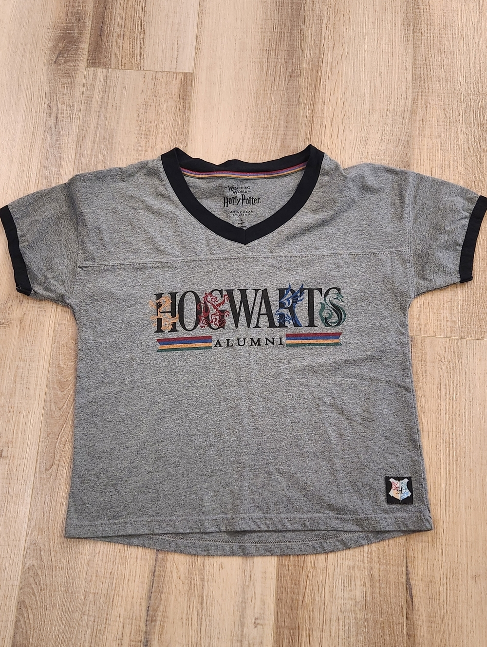 Harry Potter Hogwarts Alumni Gray V Neck Jersey Tee Shirt Women’s Large Fandom